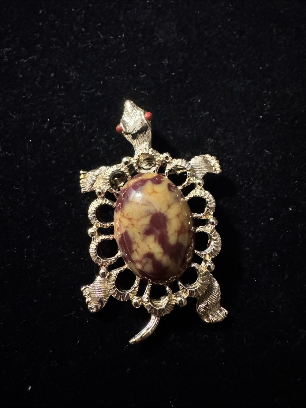 Vintage Gerry's Gold Tone Marbled Stone Cabochon Turtle Pin and Pendant